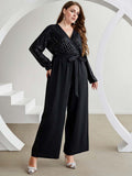 [Plus Size] Black 1930s V-Neck Sequined Jumpsuit