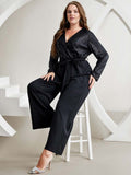 [Plus Size] Black 1930s V-Neck Sequined Jumpsuit