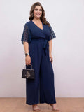 [Plus Size] Dark Blue 1930s V-Neck Flare Sleeve Solid Jumpsuit
