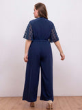 [Plus Size] Dark Blue 1930s V-Neck Flare Sleeve Solid Jumpsuit