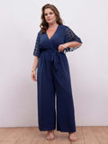 [Plus Size] Dark Blue 1930s V-Neck Flare Sleeve Solid Jumpsuit