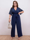 [Plus Size] Dark Blue 1930s V-Neck Flare Sleeve Solid Jumpsuit