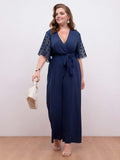 [Plus Size] Dark Blue 1930s V-Neck Flare Sleeve Solid Jumpsuit