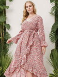 [Plus Size] Pink 1950s Floral V-Neck Long Sleeve Dress