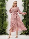 [Plus Size] Pink 1950s Floral V-Neck Long Sleeve Dress