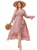 [Plus Size] Pink 1950s Floral V-Neck Long Sleeve Dress