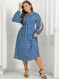 [Plus Size] Blue 1940s Lace Up Puff Sleeve Dress