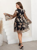 [Plus Size] Black 1960s Christmas V-Neck Embroidered Bronzing Dress