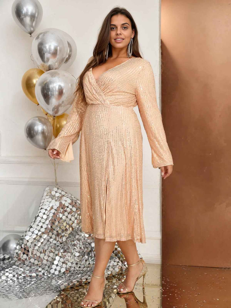 [Plus Size] Gold 1940s V-Neck Sequined Slit Dress