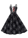 Black 1950s Halloween Spaghetti Strap Spiderweb Dress