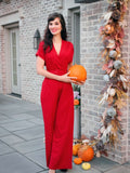 Wine Red 1930s V-neck Solid Wrap Jumpsuit