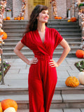 Wine Red 1930s V-neck Solid Wrap Jumpsuit