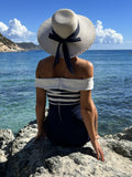 Navy Blue Patchwork Off-shoulder Striped Romper
