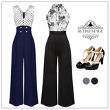 Black White 1930s Floral Halter Strap Jumpsuit