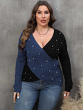 [Plus Size] 1960S V-Neck Cross Sweater With Pearl