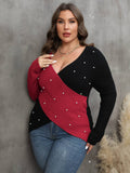 [Plus Size] 1960S V-Neck Cross Sweater With Pearl