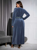 [Plus Size] Navy Blue Deep V-neck Waist Dress With Belt