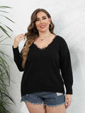 [Plus Size] Black V-Neck Lace Patchwork Knit Top