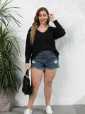 [Plus Size] Black V-Neck Lace Patchwork Knit Top