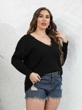 [Plus Size] Black V-Neck Lace Patchwork Knit Top