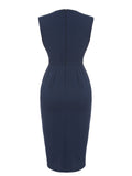 Navy Blue 1960s Decorative Button Pencil Dress