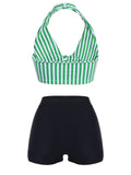 [US Warehouse] Green 1950s Retro Halter Stripes Bikini Set