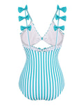 Blue 1960s Stripe Strap Bow One-Piece Swimsuit