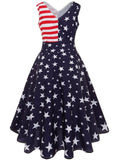 Navy 1950s Stars Patchwork Swing Dress