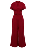 Wine Red 1930s V-neck Solid Wrap Jumpsuit