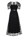 2PCS Black 1940s Solid Lace Belt Vintage Dress