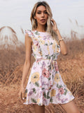 White Floral Ruffles Belt Dress