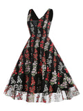 1950s Embroidered Floral V-Neck Swing Dress