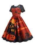 1950s Halloween Lace Patchwork Bat Swing Dress