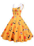 1950s Lapel Music Note Floral Dress