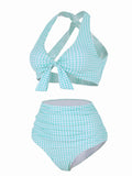 2PCS Light Blue Plaid Halter Neck Swimsuit