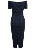 Navy 1960s Plaids Bodycon Dress