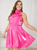 [Plus Size] Rose Red 1950s Halter Satin Bow Dress