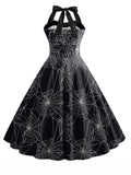 Black 1950s Halloween Spider Web Halter Dress
