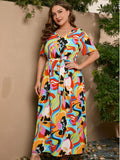 [Plus Size] 1930s Geometric Elastic Waist Floral Maxi Dress