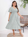 [Plus Size] 1950s V-Neck Cap Sleeve Floral Dress