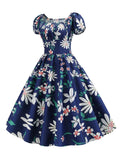 1950s Blue Floral Puff Sleeve Dress