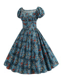 1950s Blue Floral Puff Sleeve Dress