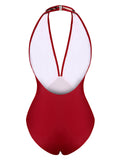 Wine Red 1950s Floral Backless Swimsuit