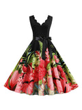 Black V-Neck Floral Bow Dress