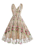 1950s Embroidered Floral V-Neck Swing Dress
