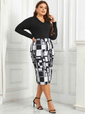 [Plus Size] Black 1960s Geometric Long Sleeve Wrap Dress