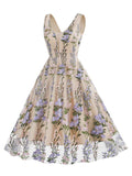 1950s Embroidered Floral V-Neck Swing Dress