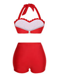Red 1950s Button Ruffles Halter Swimsuit