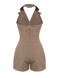 Khaki 1950s Notched Collar Solid Romper