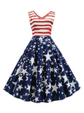 Navy 1950s Stripes Patchwork Swing Dress
